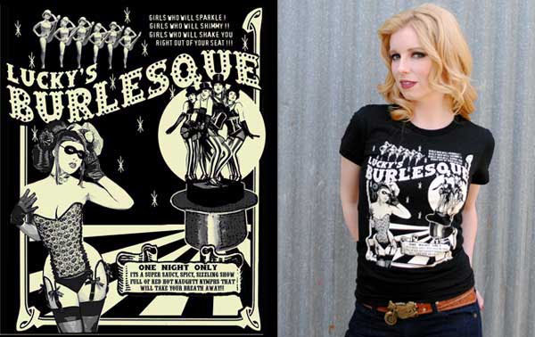 Lucky Mule Brand- Lucky's Burlesque on a black girls fitted shirt