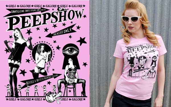 Lucky Mule Brand- Peepshow on a pink girls fitted shirt
