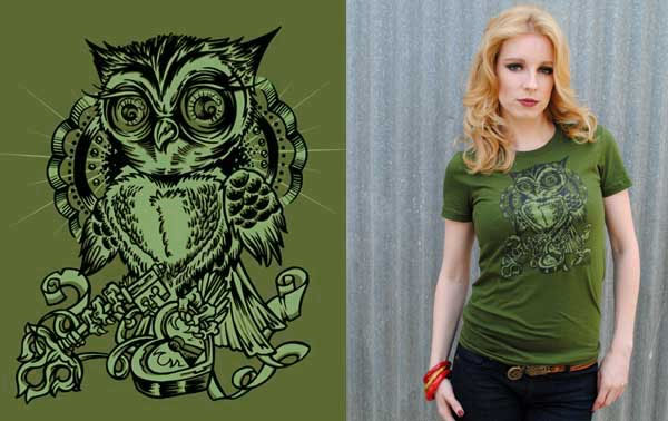 Lucky Mule Brand- Heart Lock Owl on an army green girls fitted shirt