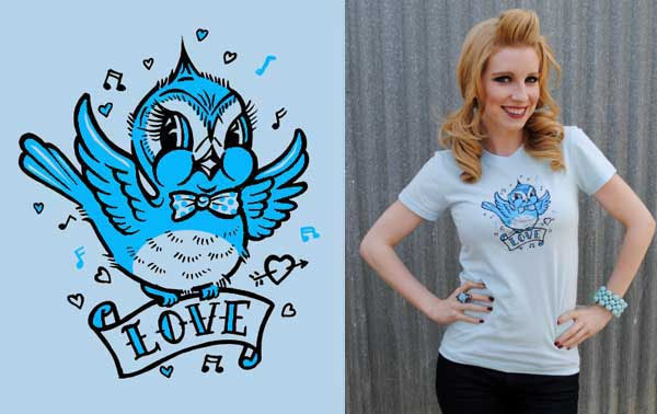 Lucky Mule Brand- Love Bird on a baby blue girls fitted shirt