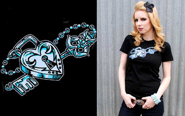 Lucky Mule Brand- Lock & Key on a black girls fitted shirt