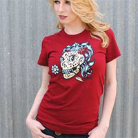Lucky Mule Brand- Girly Day Of The Dead Skull on a maroon girls fitted shirt