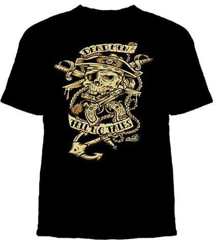 Lucky Mule Brand- Dead Men Tell No Tales on a black shirt
