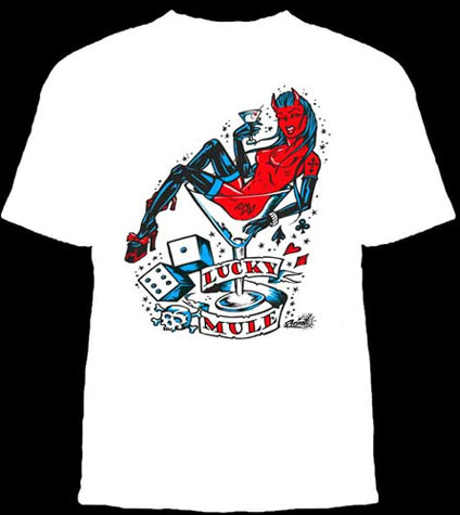 Lucky Mule Brand- Devil Girl In Martini on a white shirt