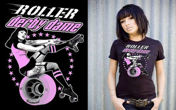 Lucky Mule Brand- Roller Derby Dame on a black girls fitted shirt
