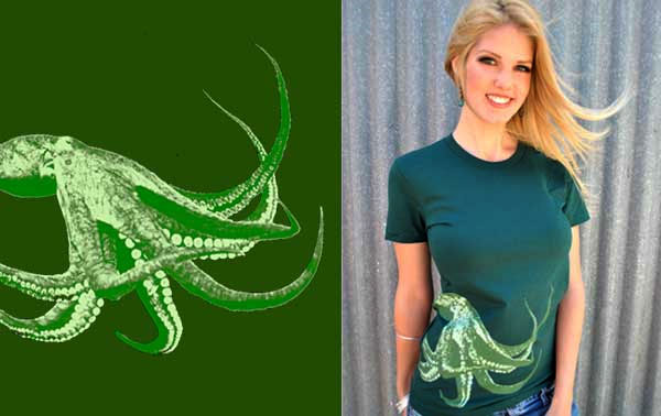 Lucky Mule Brand- Octopus on a forest green girls fitted shirt