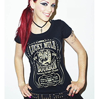 Lucky Mule Brand- Lucky Bourbon on a black girls fitted shirt