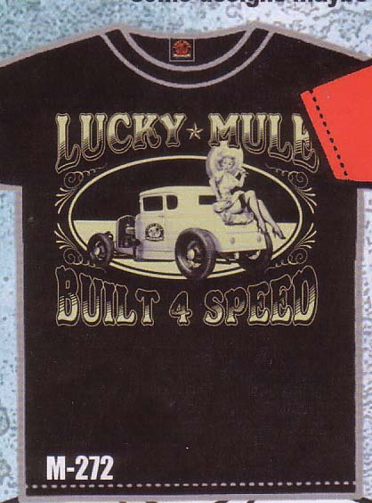 Lucky Mule Brand- Built 4 Speed on a black shirt