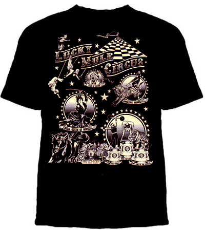 Lucky Mule Brand- Lucky Mule Circus on a black shirt