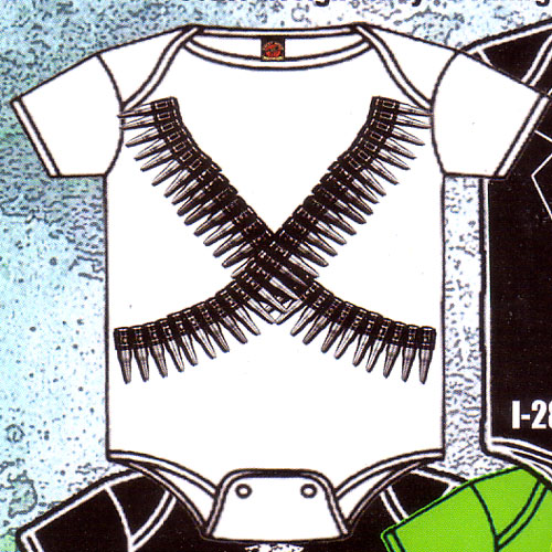 Bullets on a white baby onesy by Lucky Mule (S: 3-6 mo, M: 6-12 mo, L: 12-18 mo, XL: 18-24m)