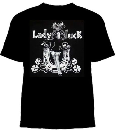 Lucky Mule Brand- Lady Luck on front, Lucky Mule on back on a black shirt