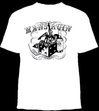 Lucky Mule Brand- Mans Ruin on front, Lucky Mule on back on a white shirt