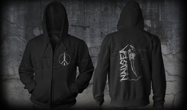 Show product details for Nausea- Crucifix on front, Grim Reaper on back on a black zip up hooded sweatshirt