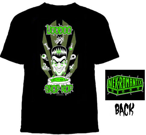 Nekromantix- Voodoo Shop Hop on front, Logo on back on a black shirt (Sale price!)