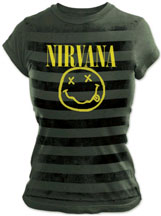 Nirvana- Smiley Face on a striped army green fitted girls shirt (Sale price!)