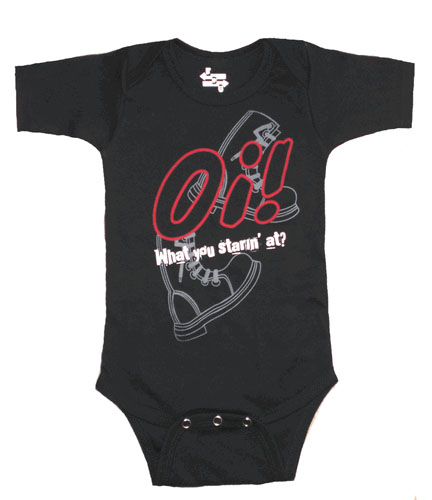 Show product details for Oi! What You Starin' At? on a black onesie (S:0-3m, M:3-6m, L:6-12m, XL:12-18m)