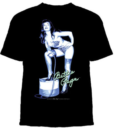 Bettie Page- Leg Up With Whip on a black shirt