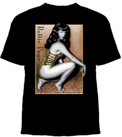 Bettie Page- Crouching With Leopard Suit on a black shirt