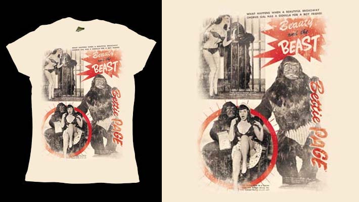Bettie Page- Beauty And The Beast on a cream girls fitted shirt