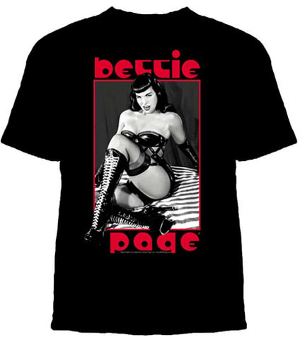 Bettie Page- On Bed With Boots on a black shirt