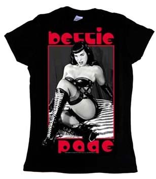 Bettie Page- On Bed With Boots on a black girls fitted shirt
