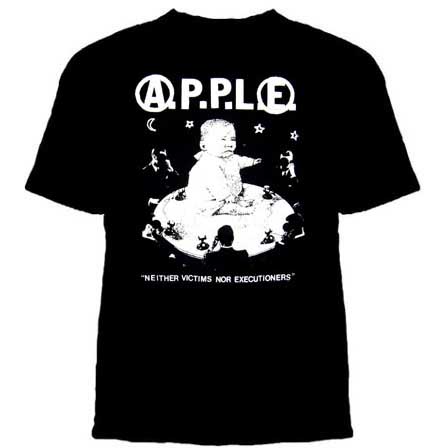 A.P.P.L.E.- Neither Victims Nor Executioners on a black shirt