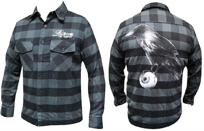 Raven guys button up flannel black/grey plaid shirt by Low Brow Art Company - artwork by Kenn Olsen - SALE