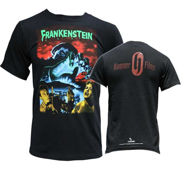 Frankenstein- Curse Of Frankenstein on front, Hammer Logo on back on a black shirt