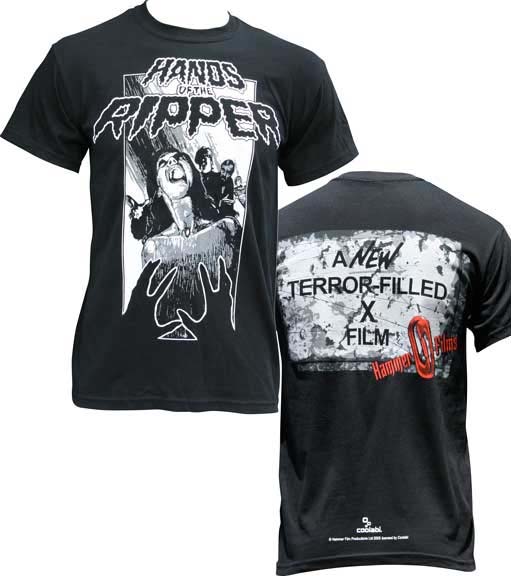 Hands Of The Ripper on front, Hammer Horror on back on a black shirt