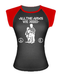 All The Arms We Need on a black girls fitted shirt with red capped sleeves