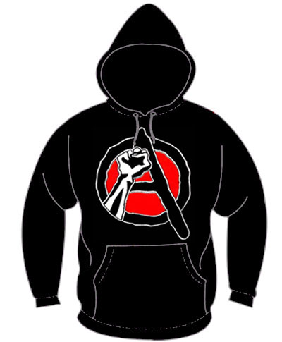 Anarchy (Revolutionary Fist) on a black hooded sweatshirt