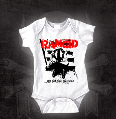 Rancid- And Out Come The Wolves on a white onesie (S=0-6m, M=6-12m, L=12-18m, XL=18-24m)