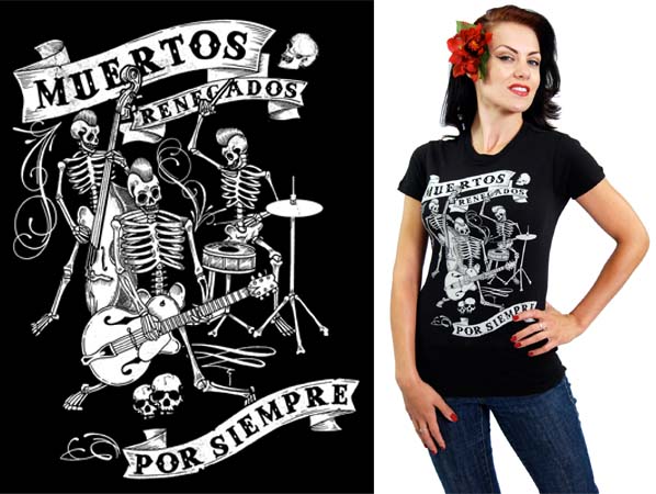 Skelo-billy on a girls fitted black shirt by Steady Clothing