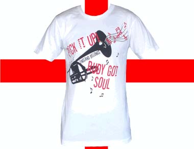 Show product details for Rudy Got Soul on a white shirt by England Belongs