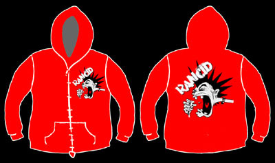 Show product details for Rancid- Screaming Punk on front & back on a red zip up hooded sweatshirt
