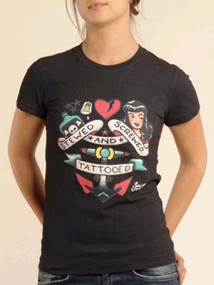 Show product details for Sailor Jerry Girls Shirt- Stewed Screwed And Tattooed (Black Tee)
