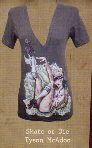 Skate Or Die on an asphalt girls V-Neck roller derby shirt by Low Brow Art Company