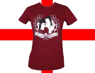 Show product details for Skinhead Love Affair on a maroon girls fitted shirt by England Belongs