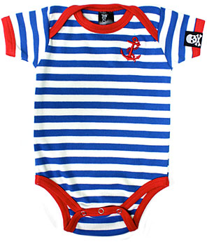Anchor embroidered on a blue/white striped onesie by Sourpuss (S:0-3m, M:3-6m, L:6-12m, XL:12-18m)