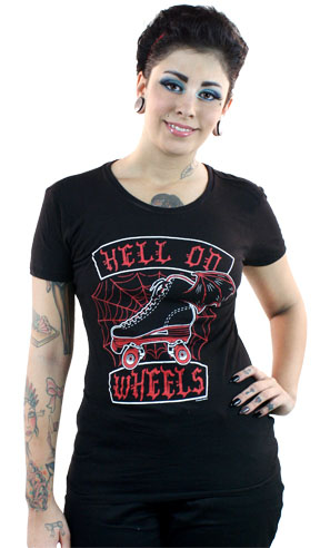 Hell On Wheels on a black girls fitted shirt by Sourpuss - SALE