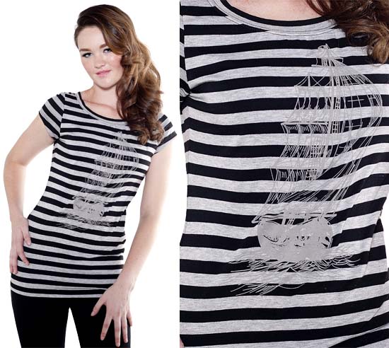 Sinking Ship on a grey/black striped girls fitted shirt by Sourpuss