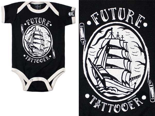 Future Tattooer on a black/white onesie by Sourpuss (S:0-3m, M:3-6m, L:6-12m, XL:12-18m)