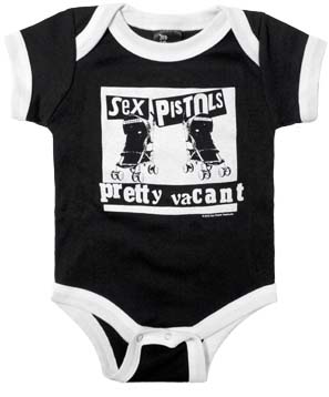 Sex Pistols- Pretty Vacant on a black onesie (S:0-3m, M:3-6m, L:6-12m, XL:12-18m)