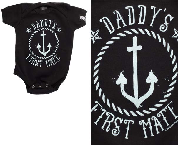 Daddy's First Mate on a black onesie by Sourpuss (S:0-3m, M:3-6m, L:6-12m, XL:12-18m)