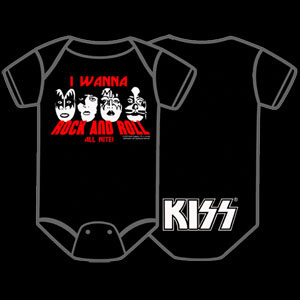 Kiss-  I Wanna Rock N Roll All night on front, Logo on back on a black onesie (S:0-3m, M:3-6m, L:6-12m, XL:12-18m) - SALE