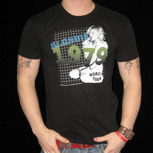 Show product details for Blondie- 1979 Tour on a black guys slim fit shirt - SALE