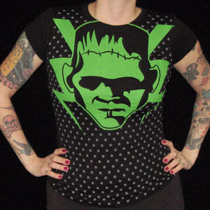 Show product details for SALE - Polka Monster on a black girls fitted shirt