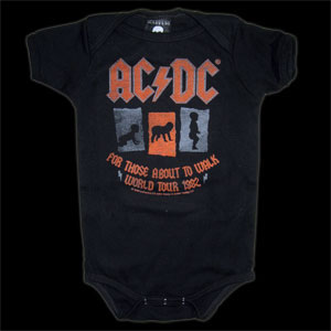 Show product details for AC/DC- For Those About To Walk (1982 Tour) on a black onesie (S:0-3m, M:3-6m, L:6-12m, XL:12-18m)