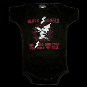 Show product details for Black Sabbath- We Sold Our Toys For Rock N Roll on a black onesie (S:0-3m, M:3-6m, L:6-12m, XL:12-18m) - SALE