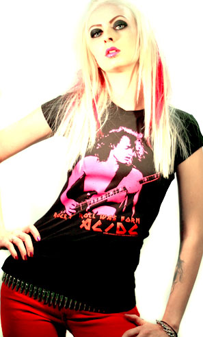 Show product details for AC/DC- Rock N Roll Was Born on a black girls fitted shirt - SALE
